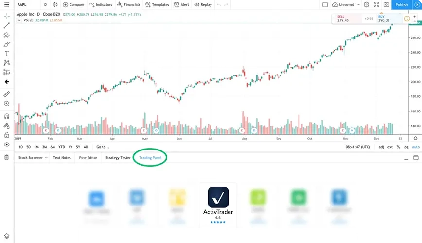 TradingView में लॉग इन करें। "पूर्ण चार्ट दृश्य" में, पृष्ठ के नीचे "Trading Panel" टैब पर क्लिक करें। सूची से "ActivTrades" चुनें।